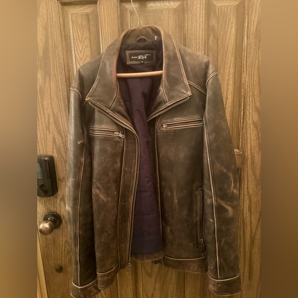 Black Rivet Genuine Leather Jacket Distressed Brown Moto Biker Zip Up